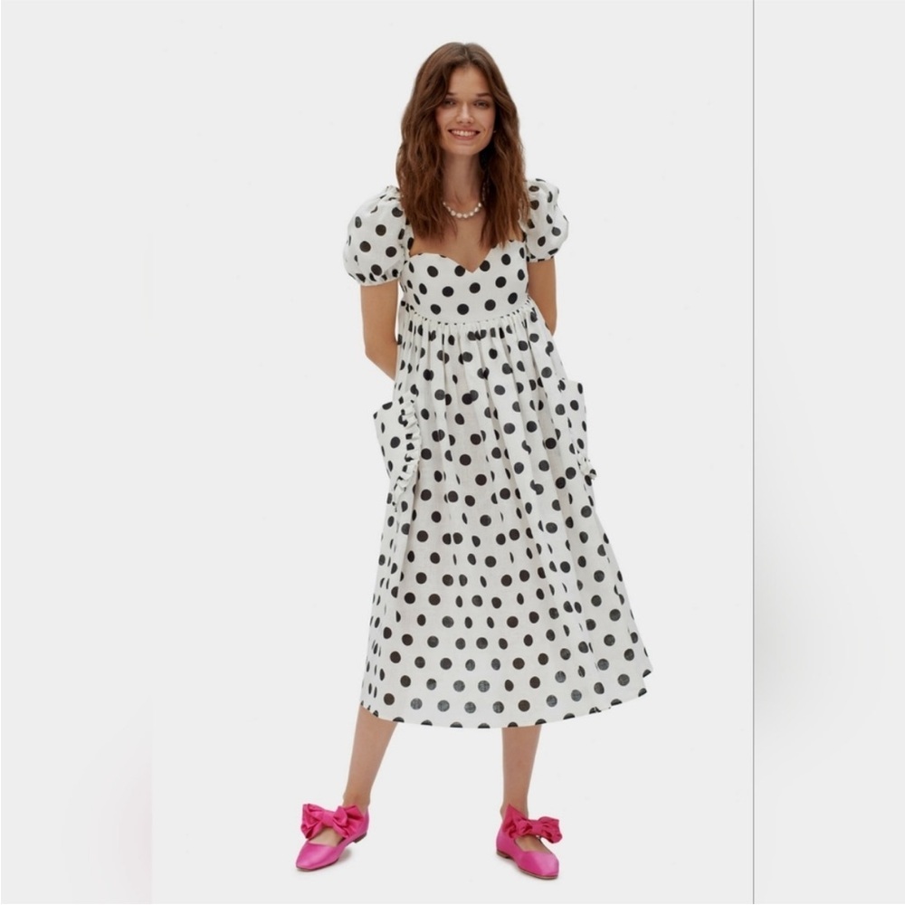 Sleeper White Midi linen Dress with Black Polka Dots